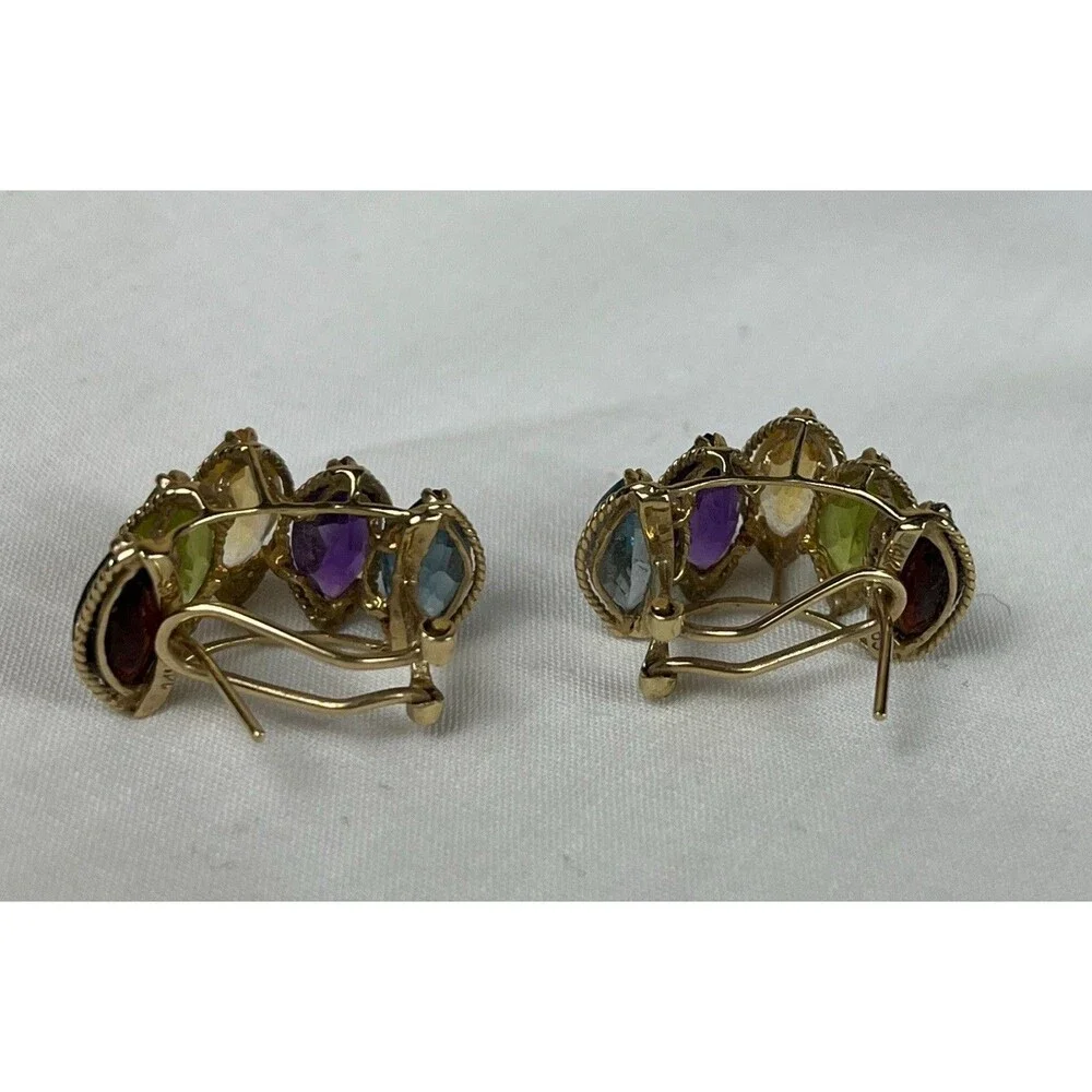 PTJ 14k YELLOW‎ GOLD GARNET, PERIDOT, BLUE TOPAZ, AMETHYST & TOPAZ HOOP EARRINGS